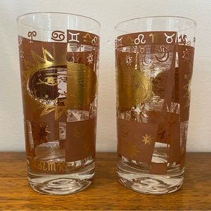 Set of 2 Vintage Gold Sun & Zodiac Astrology Design Highball Drinking Glasses